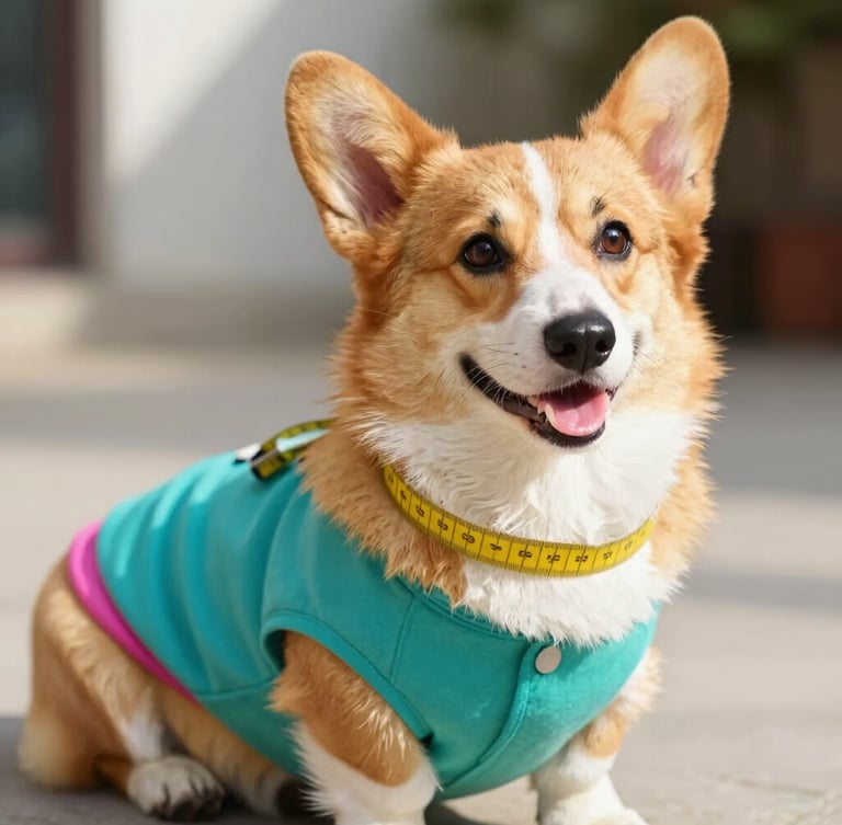 Eye-level close-up of a soft yellow measuring tape gently draped over a happy, sitting corgi wearing a vibrant teal handcrafted shirt, warm natural daylight, shallow depth of field.