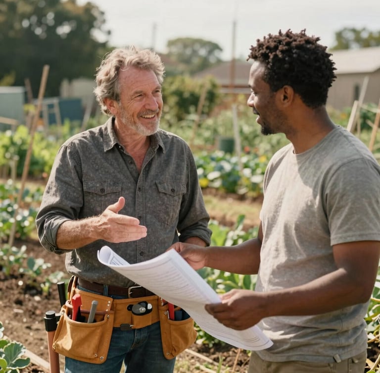 Candid medium shot of two diverse adults, one with a tool belt, the other holding a blueprint, smiling and discussing plans in a community garden under warm natural daylight, hands gesturing, earthy organic tones, realistic 35mm film style.