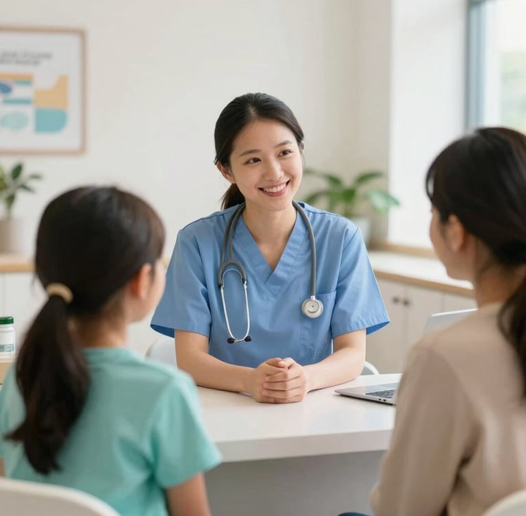 A friendly nurse consulting with a family in a bright, welcoming Indiana health center reception area, soft natural daylight, shallow depth of field, warm tones
