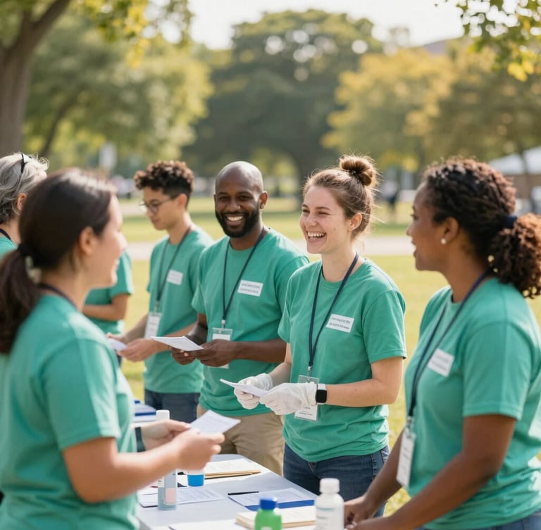 A group of cheerful diverse volunteers in matching green t-shirts setting up outdoor health screening booths in a sunny Indiana park, laughing and interacting naturally, warm afternoon light.