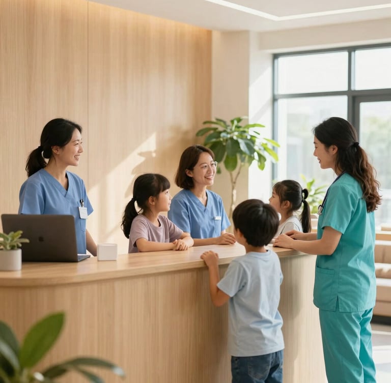 Warm indoor photography of a welcoming, sunlit health center reception area with soft wooden textures and green plants, a diverse family interacting naturally with staff, 35mm