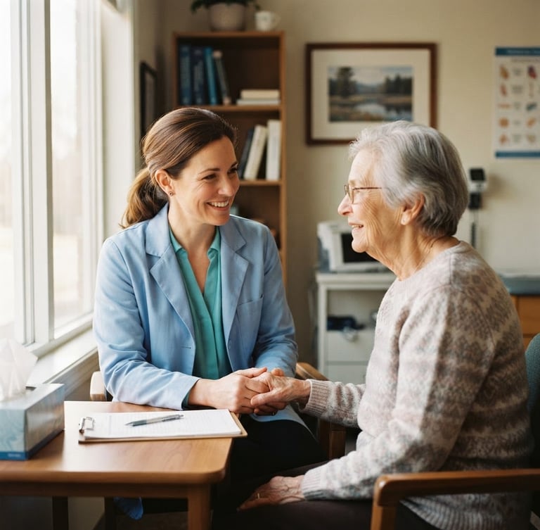 Warm editorial photography of a friendly female doctor in a soft blue coat consulting with an elderly patient in a sunlit Indiana clinic room, shallow depth of field, 35mm