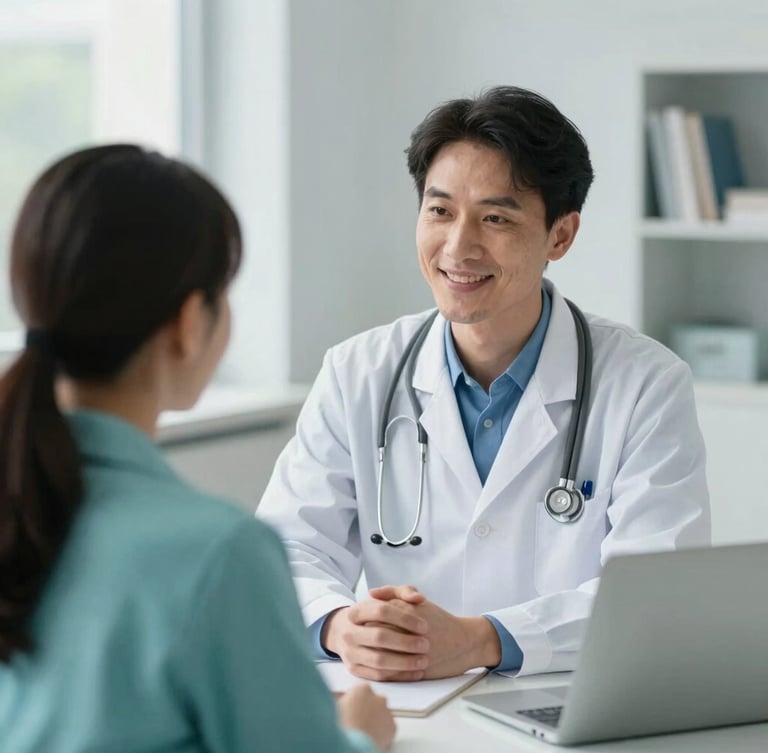 Warm editorial photography, soft natural daylight, a friendly doctor consulting with a patient in a welcoming healthcare setting, shallow depth of field, 35mm