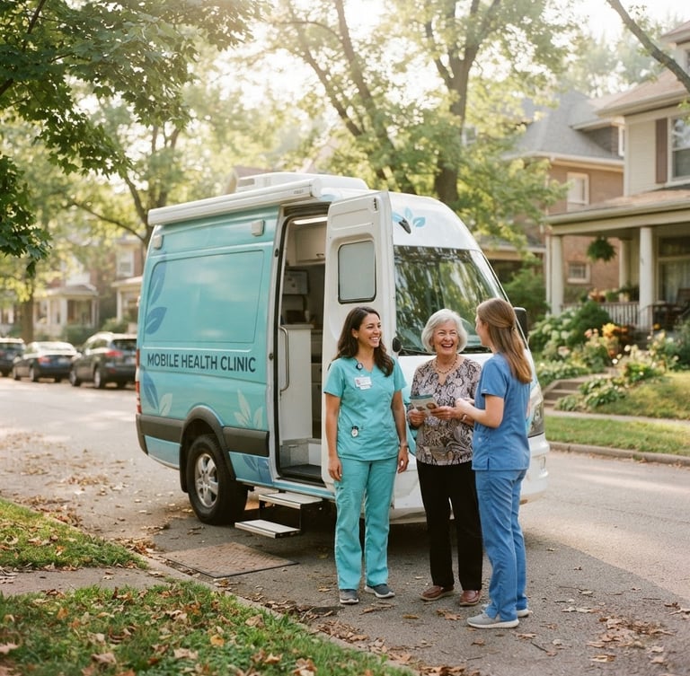 A warm, sunlit mobile health clinic van parked in an Indiana neighborhood, friendly healthcare professionals chatting with local residents outside, soft morning light, shallow depth of field, 35mm.