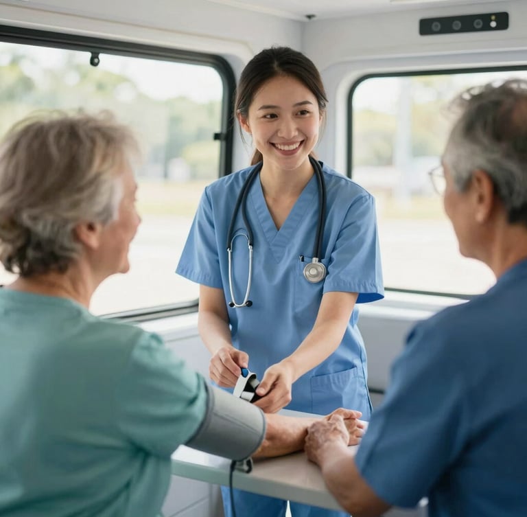 A friendly nurse in soft blue scrubs conducting a blood pressure screening for an elderly patient inside a bright, welcoming mobile clinic, warm natural light, reassuring smile, shallow depth of field.
