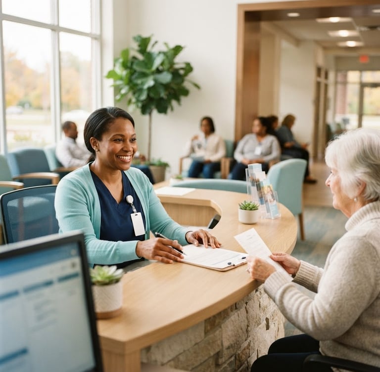 A warm, sunlit reception area of an Indiana community health center, soft natural daylight, welcoming and clean atmosphere, shallow depth of field, 35mm