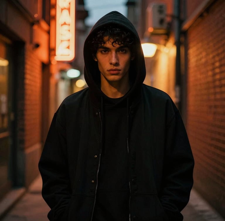 Cinematic portrait of a model wearing a heavy black hoodie in a dark Montreal alleyway at night, dramatic orange neon rim lighting, high contrast, anamorphic lens, 35mm film grain.