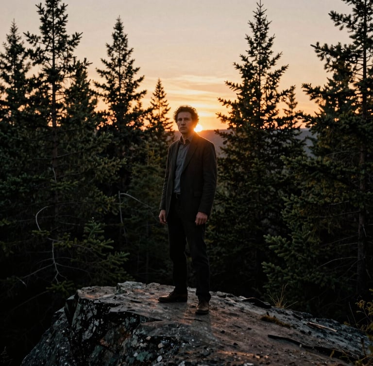 Dramatic cinematic portrait of Franco standing on a rocky cliff overlooking a dense Quebec pine forest at dusk, warm gold backlighting, anamorphic lens, 35mm film grain.