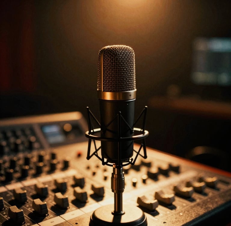 Dramatic close-up of a broadcast microphone and mixing console in a dark studio, warm gold backlighting, high contrast, cinematic atmosphere, 35mm film grain