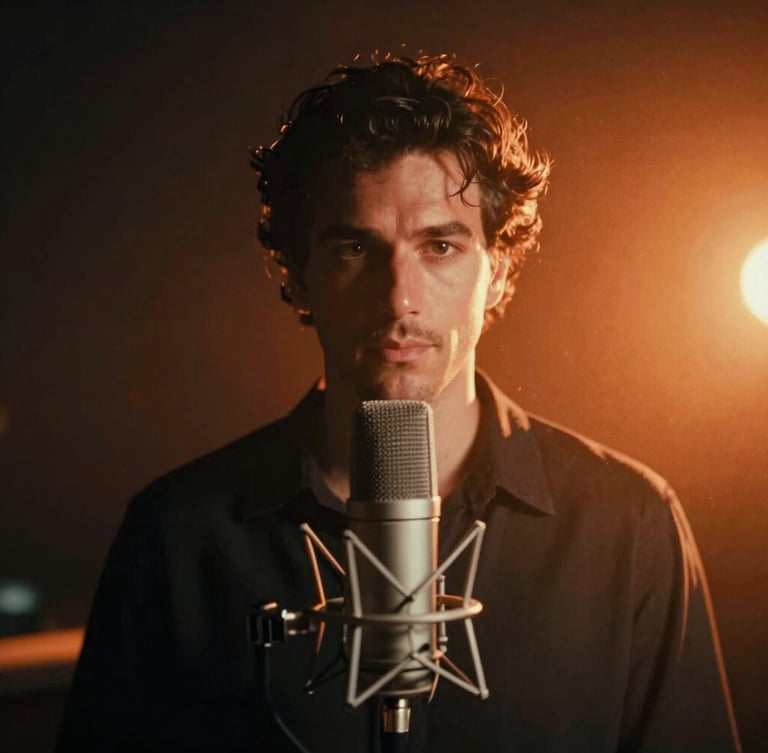 Cinematic portrait of Franco behind a high-end broadcast microphone in a dark studio, warm orange backlighting, moody atmosphere, 35mm film grain