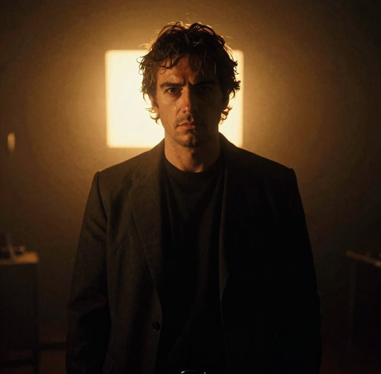 Low-key dramatic portrait of Franco in a dark Montreal studio, warm golden backlighting, anamorphic lens, 35mm film grain.