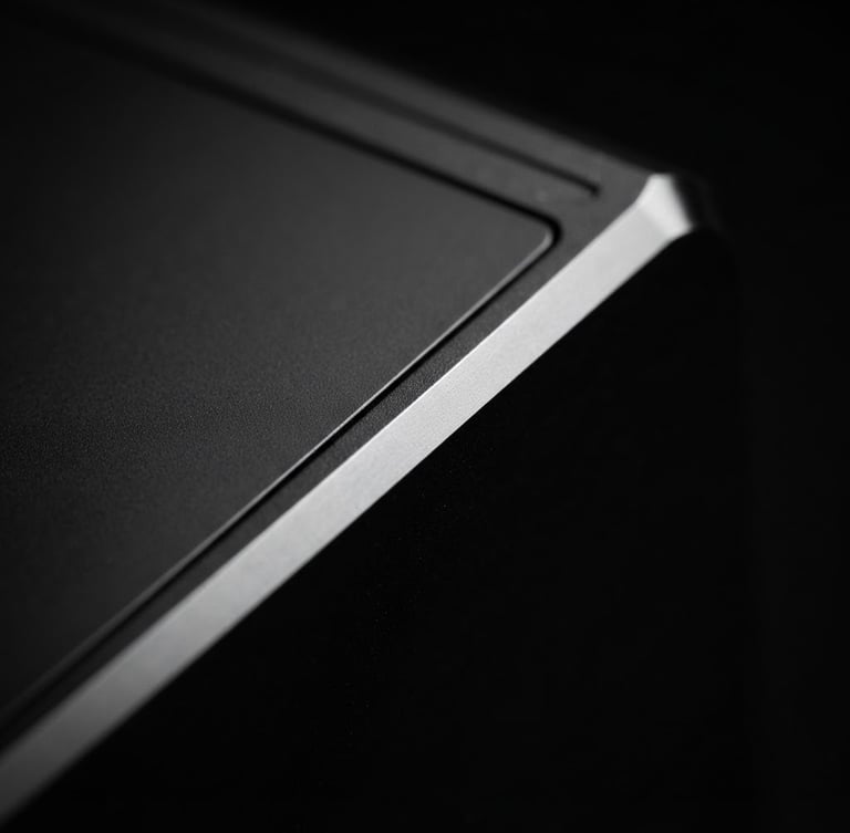 macro close-up of a pristine dark metallic hardware edge, sharp studio lighting, deep shadows, high-contrast monochrome, premium tech photography