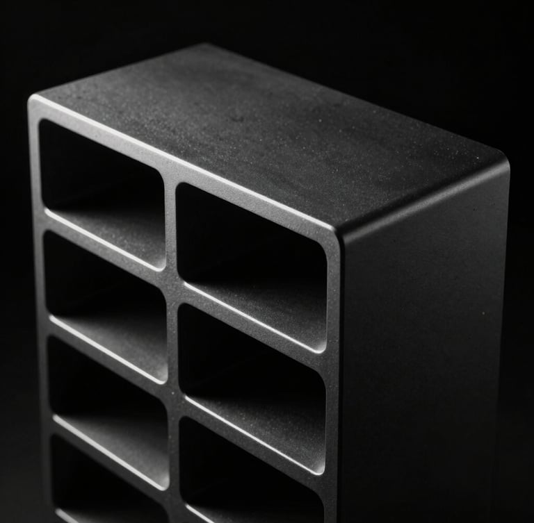 monolithic metallic structure reflecting low-key dramatic studio lighting, sharp high-contrast shadows, dark minimalist tech photography, 8k