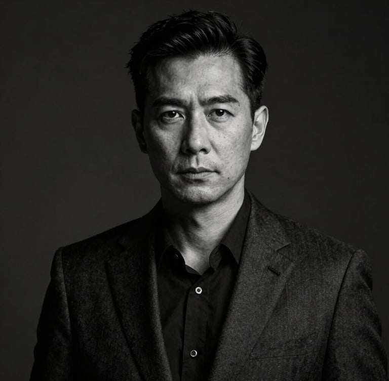 Dramatic editorial black and white portrait of an elite male physician in a tailored dark suit, strong contrast lighting, dark background, professional and uncompromising gaze.