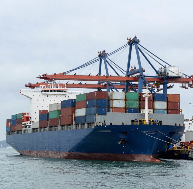 Wide environmental shot of a massive container cargo ship docked at a deep-water port terminal under cool overcast daylight