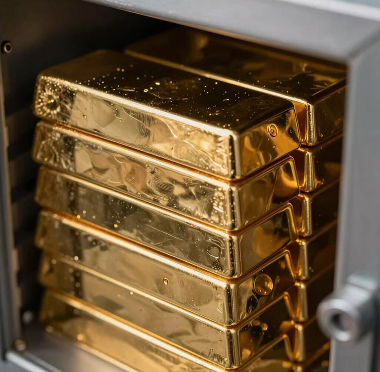 Extreme close-up of pure gold cathode sheets stacked in a secure vault, cool overcast lighting highlighting the metallic texture and sharp edges