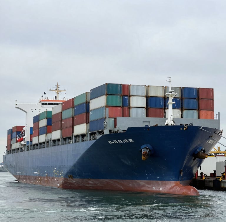 Wide panoramic shot of a massive container ship docked at an industrial port terminal, cool overcast daylight, sharp steel textures.