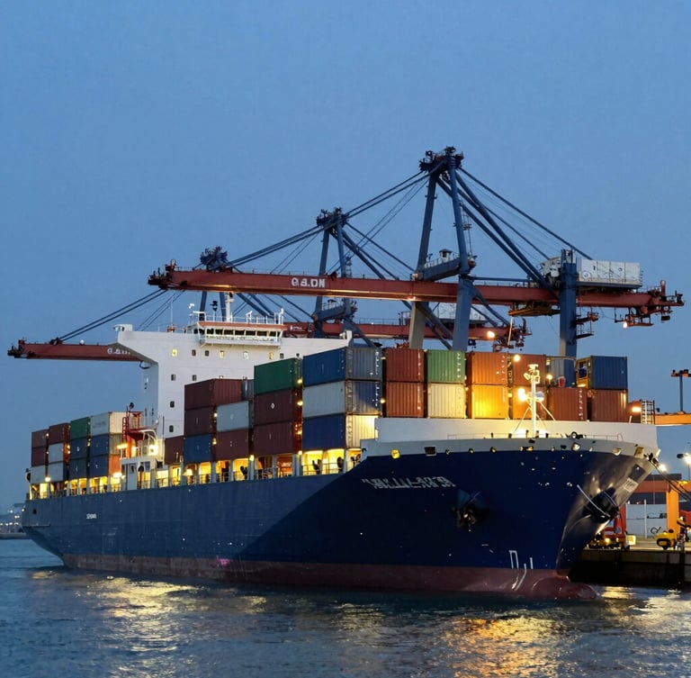 Wide panoramic view of a massive container ship docked at a modern industrial port during dusk, cool blue lighting with sharp amber-gold deck lights, clean composition.
