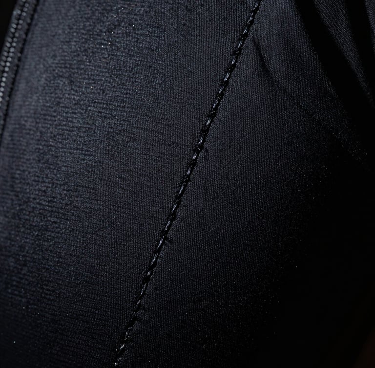 Macro detail shot of heavy-duty technical stitching on dark performance fabric, dramatic studio lighting, sharp highlights, deep shadows, 35mm film