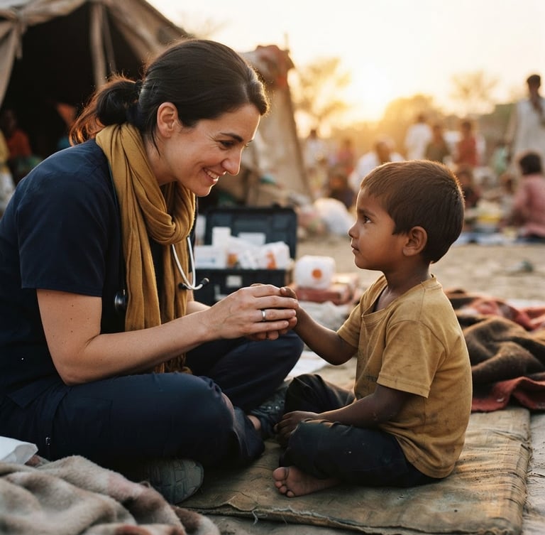 Volunteer doctor in a field clinic gently examining a child, warm golden-hour light, shallow depth of field, compassionate human connection, focus on hands, rich navy and gold tones.