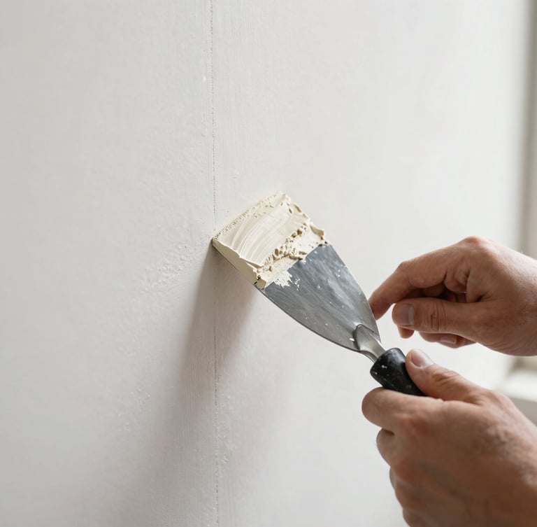Hands taping a drywall joint with precision, plaster compound on a spatula, focused macro shot, bright natural daylight