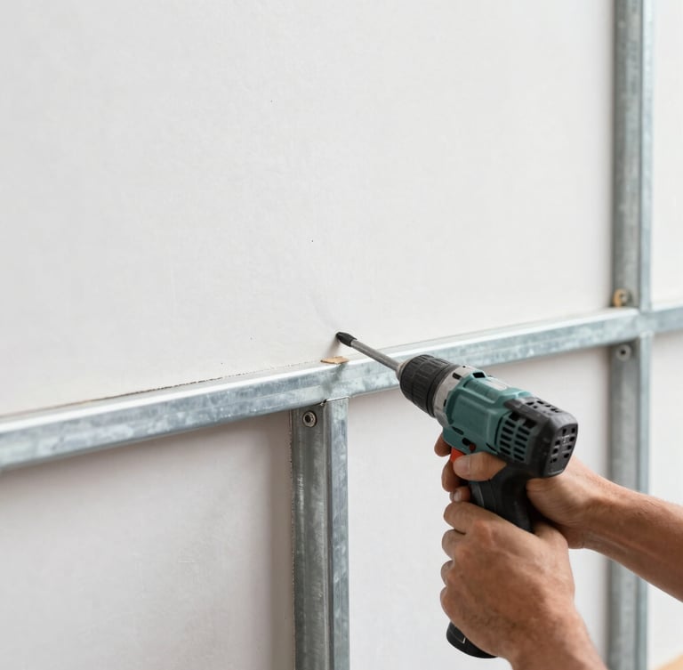 Close-up of a worker's hand securing a plasterboard panel to a galvanized steel frame using a screw gun, sharp focus, construction light
