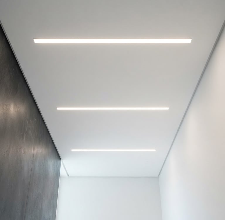 Straight-on architectural elevation of a finished minimalist drywall ceiling with recessed LED lighting, sharp plaster lines, clean white surfaces