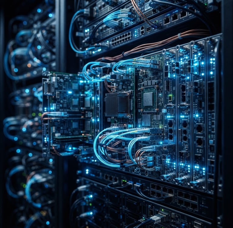 Macro shot of physical server hardware with sharp electric blue diagnostic lighting, high-contrast cool tones, ultra-detailed 3D render of architectural data nodes.