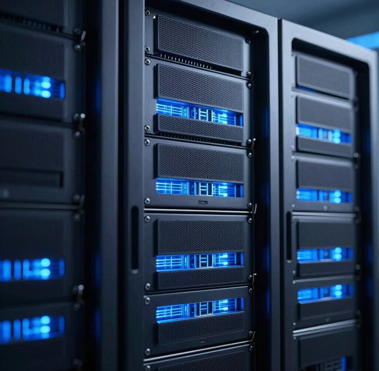 Macro photograph of high-end modern server racks, cool-toned ambient lighting, sharp electric blue accents reflecting off metallic surfaces, clean workspace perspective.