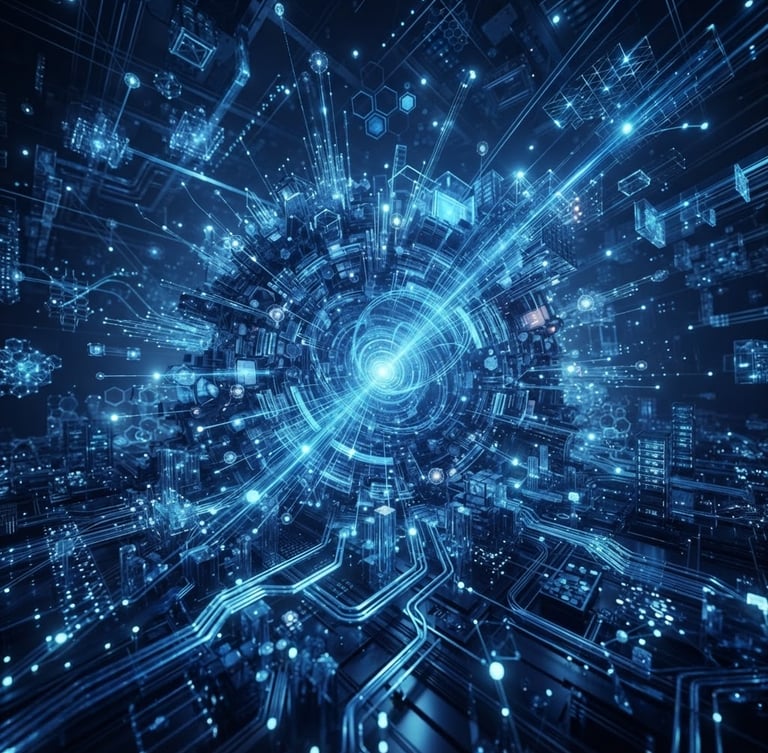 Sleek 3D render of abstract data architecture with deep navy and electric blue lighting, sharp focus, ultra-detailed, cinematic framing.