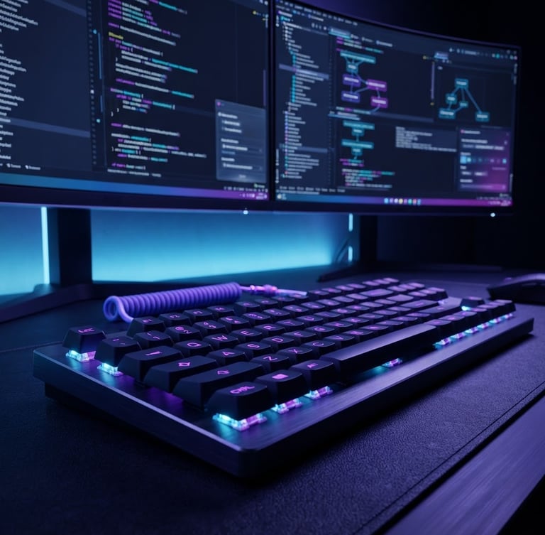 Macro close-up of a high-end mechanical keyboard and glowing dual monitors displaying complex data pipeline code, moody dark-mode backlighting with neon violet accents, sharp depth of field.
