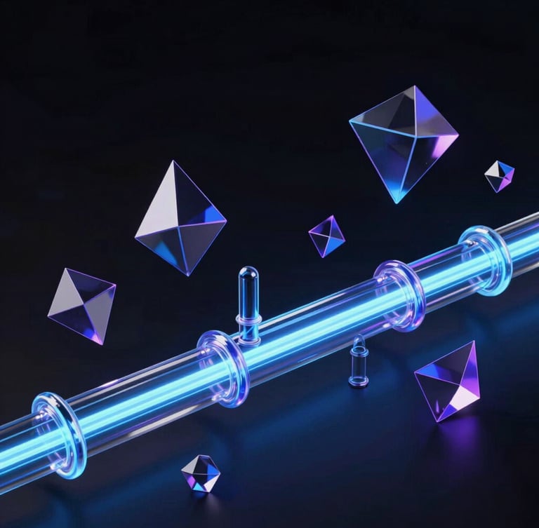 Abstract dark-mode 3D render of glowing glassmorphism pipelines routing neon blue light streams through floating geometric prisms, high contrast studio lighting.