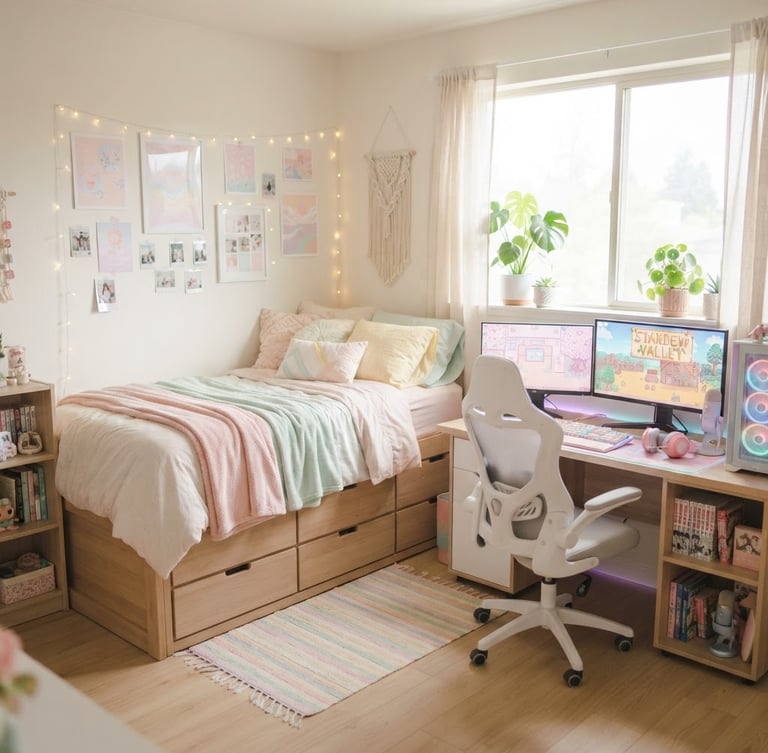 Bright, morning-lit teen bedroom with a storage drawer bed, pastel accents, and a gaming setup, natural light streaming from a window on the right, soft editorial interior photography, shallow depth of field.
