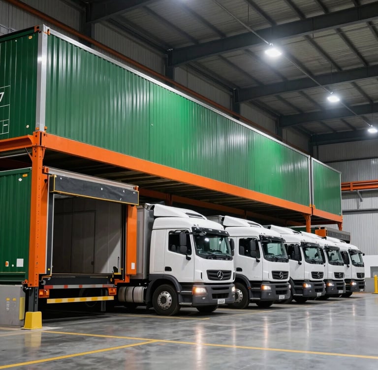 Wide environmental shot of a modern logistics warehouse loading dock, logistics trucks backed up, sharp cool warehouse lighting with safety-orange accents, 35mm lens