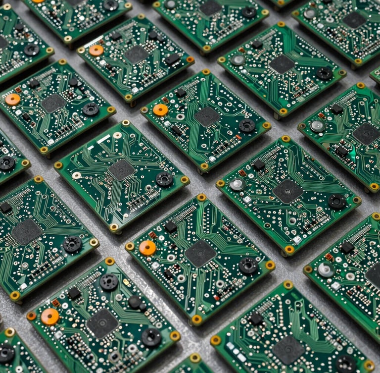 Overhead geometric pattern of sorted circuit boards and electronic components, high-contrast industrial lighting, forest green and safety orange highlights, 35mm lens