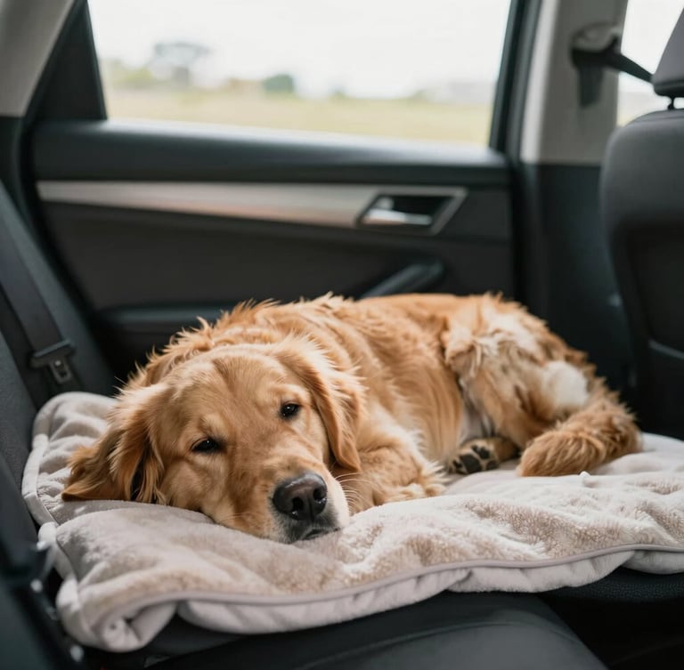 Warm editorial photography of a relaxed golden retriever lying comfortably on a soft blanket inside a clean, modern vehicle cabin, soft natural daylight, 35mm
