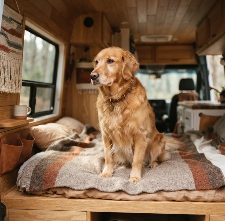 Warm editorial photography of a calm golden retriever sitting comfortably in a clean, spacious custom-fitted vehicle cabin, soft natural daylight, shallow depth of field, 35mm