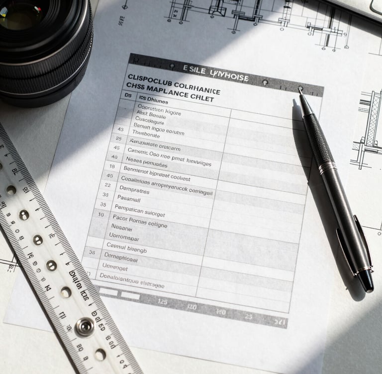 Crisp top-down macro shot of an organized desk with a physical compliance checklist, an architectural blueprint ruler, and a modern pen under bright natural daylight.