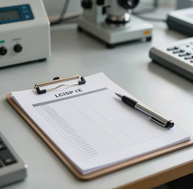 Crisp daylight shot of a clean, organized light manufacturing workspace, focus on a physical clipboard with a clear, structured compliance checklist, technical pen lying beside it.