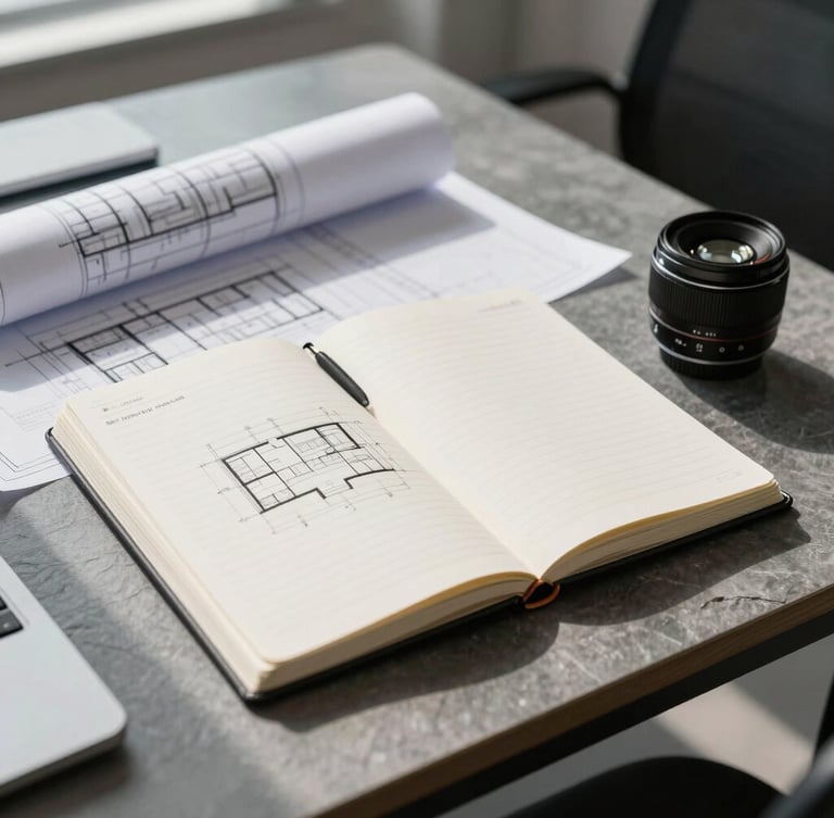 A clean, high-contrast photograph of a modern office workspace with architectural blueprints and a technical notebook laid out on a slate table, natural daylight.