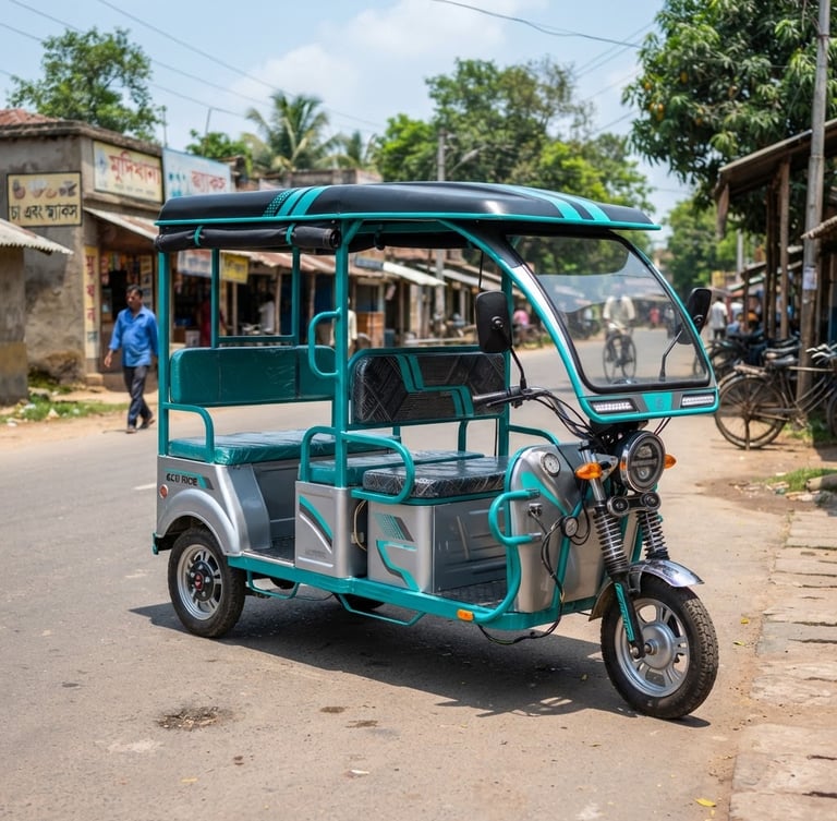 Eye-level medium shot of a clean electric e-rickshaw parked on a sunlit road in West Bengal, vibrant teal accents, sharp focus, 35mm lens.