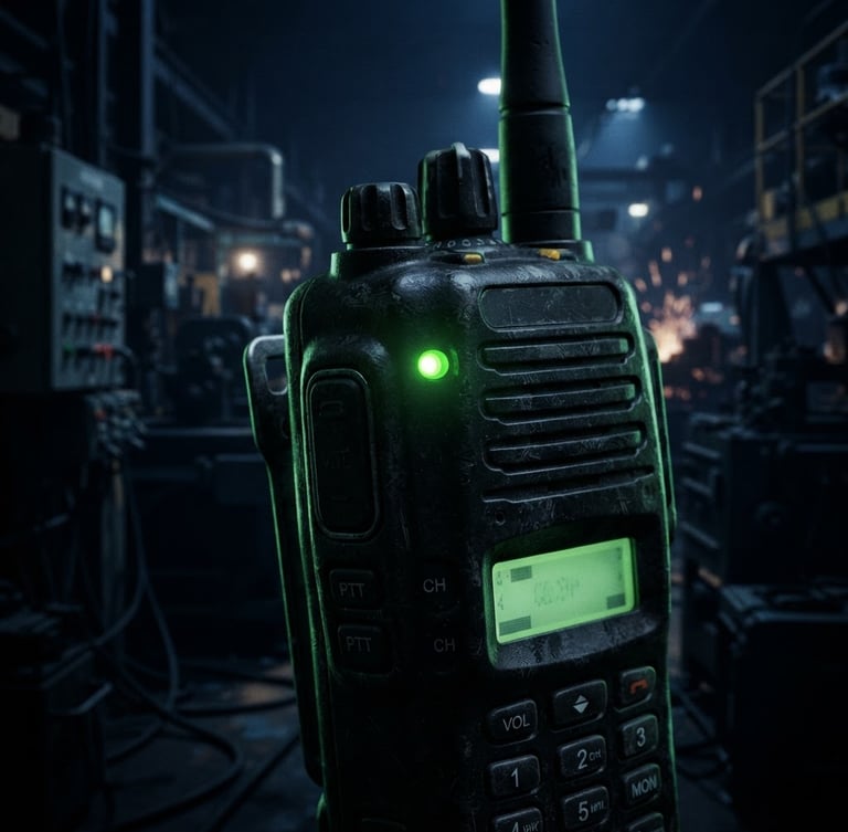 Tight macro shot of a rugged two-way radio with glowing green indicator lights, background blurred industrial facility, dramatic low-key lighting with sharp green rim lights, 85mm.