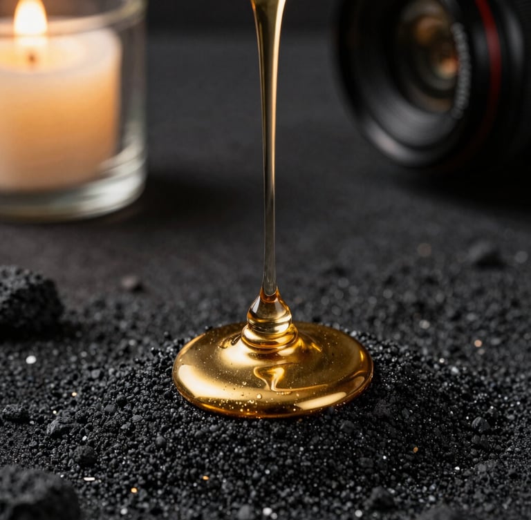 Portrait aspect ratio. Macro shot of liquid gold dripping slowly over black volcanic sand, high contrast, warm candle lighting, moody atmosphere.