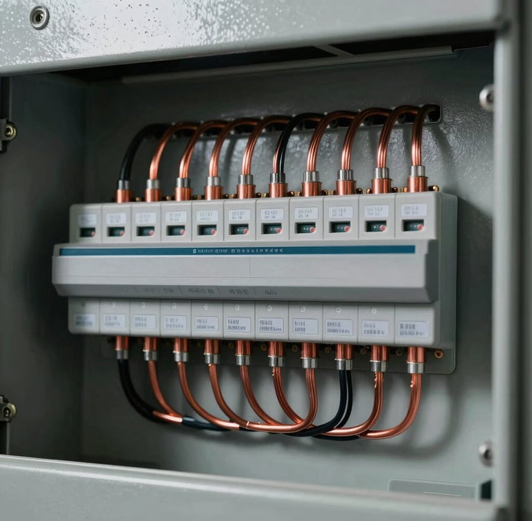 Macro photograph of a newly installed, perfectly organized electrical panel with straight, zip-tied copper wiring and clear labels, high contrast dramatic key lighting.