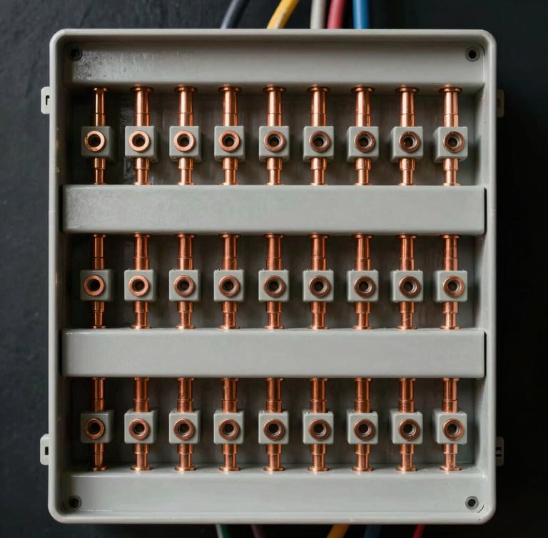 Macro shot of a pristine breaker panel with perfectly straight, neatly bundled zip-tied wiring, copper terminals catching sharp amber light, dark background.