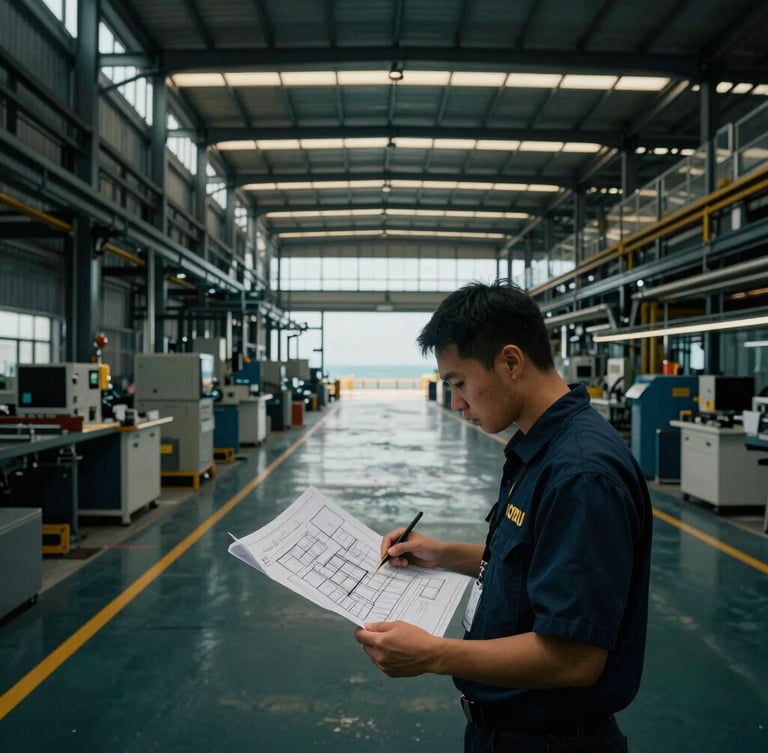 Wide-angle photograph of a modern factory floor in Asia, with a KORU Source quality assurance specialist meticulously inspecting architectural blueprints, subtle deep teal and gold tones, moody Pacific daylight, 35mm