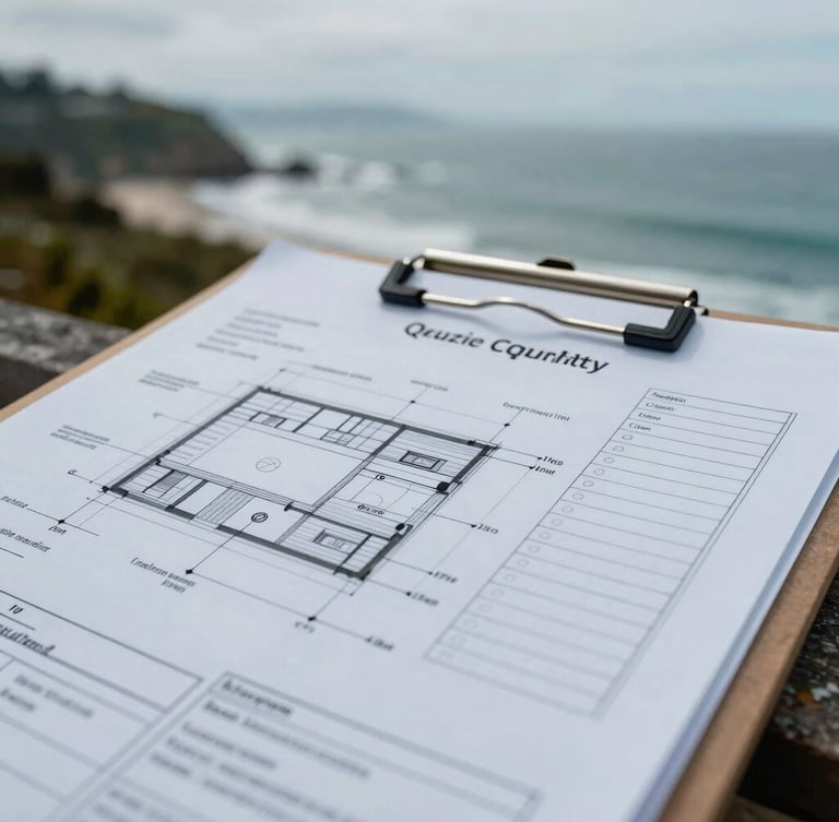 Close-up macro shot of technical architectural drawings and a quality control checklist on a clipboard, cool overcast daylight, sharp focus on structural annotations, 35mm.
