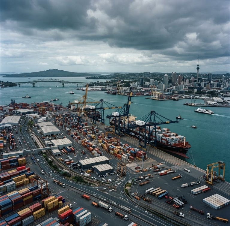 High-angle panoramic view of a modern deep-water container port in Auckland, moody overcast Pacific daylight, cool blue and deep teal tones, wide-angle 35mm composition.