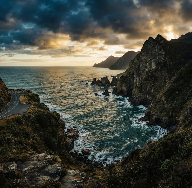 Dramatic New Zealand coastline at golden hour, deep teal ocean, rugged cliffs on the right, wide panoramic view, moody Pacific light, 35mm