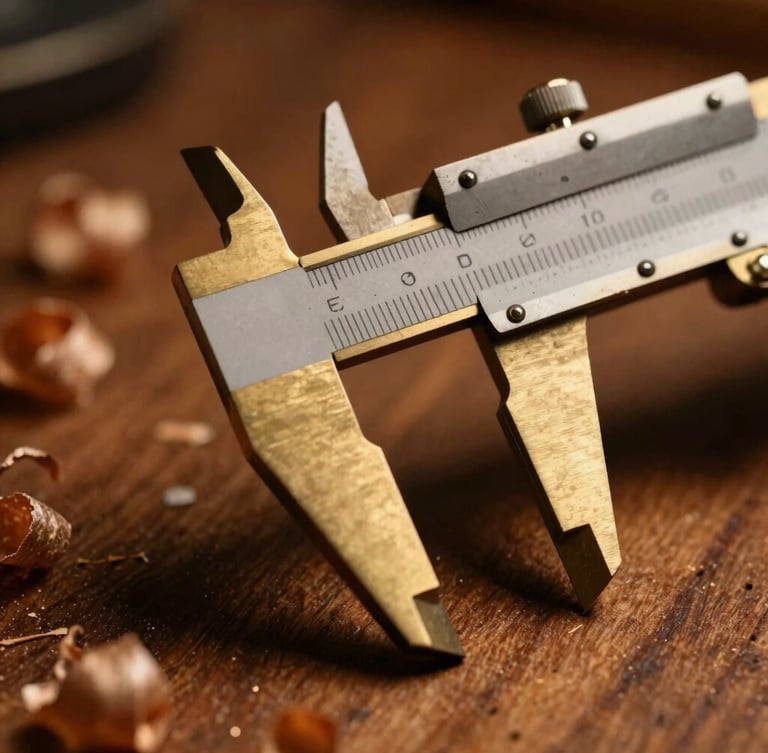 Macro photograph of precision brass calipers measuring a guitar neck fret height, warm side lighting, wood shavings in the background, shallow depth of field